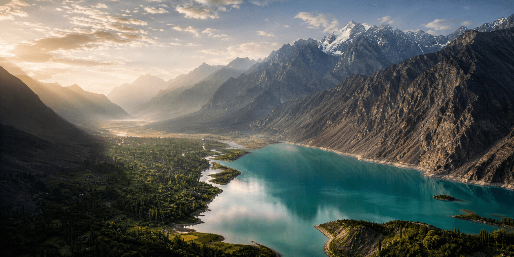 Aerial view of an alpine lake and mountains near Skardu